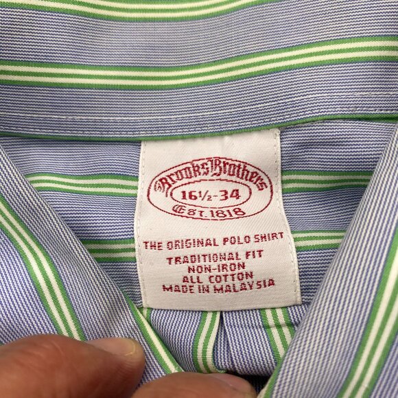 Brooks Brothers Formal Shirt Men 16.5 - 34 Gray Green Stripes Non-Iron Cotton - Picture 5 of 8